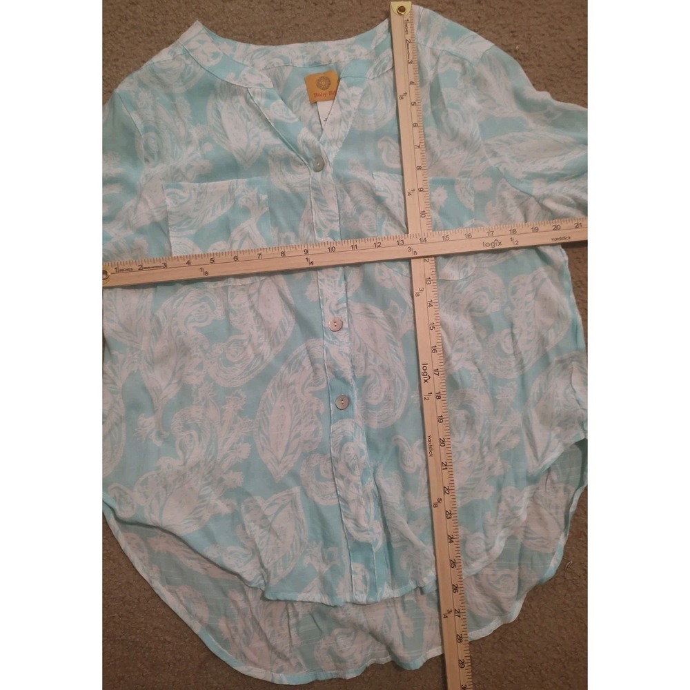 Ruby Rd Women's Large Blouse Lightweight‎ Button Up Turquoise Hawaiian Vibes 3/4